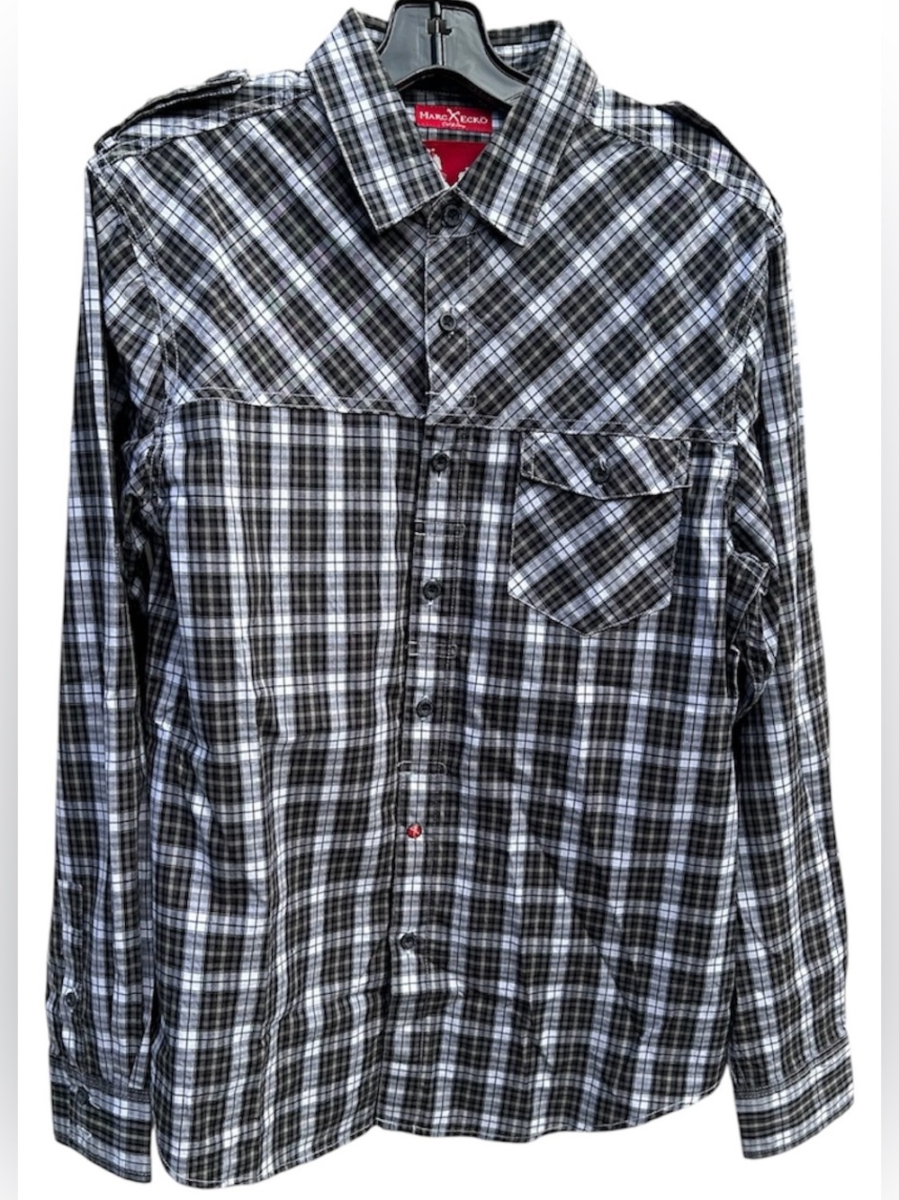 Marc Ecko Cut & Sew Military Utility Truck Black Tan Plaid ButtonUp Shirt Size M